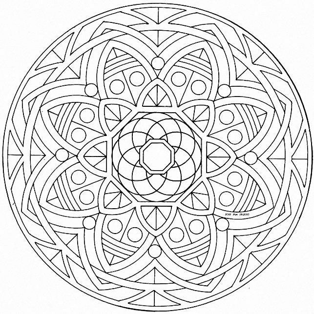 Magnifique mandala avec spirale avec différents éléments tels qu'une succession de cercles ou encore plusieurs triangles. Assez simple à colorier.